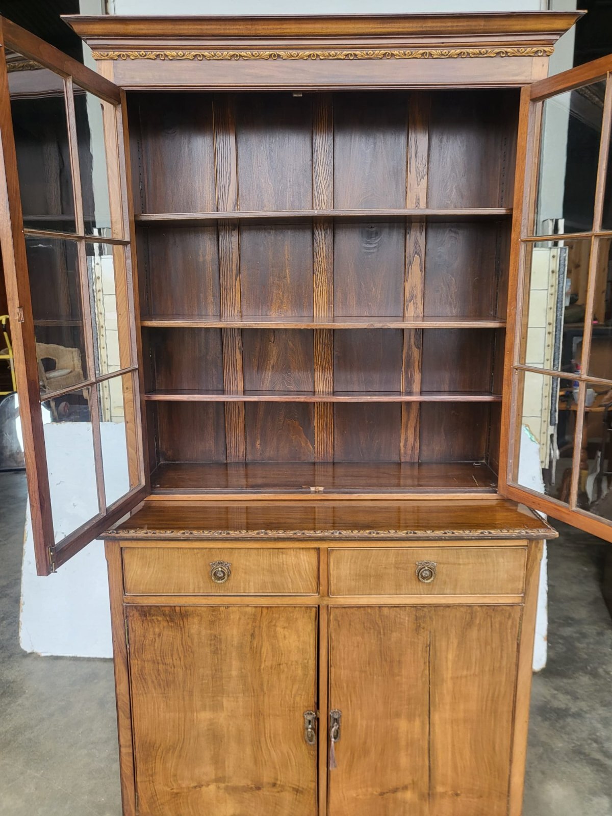 Antique Edwardian glazed bookcase cabinet drawers cupboard shelves