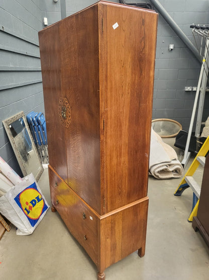 Vintage 1930's oak small wardrobe two drawers bun feet mirror