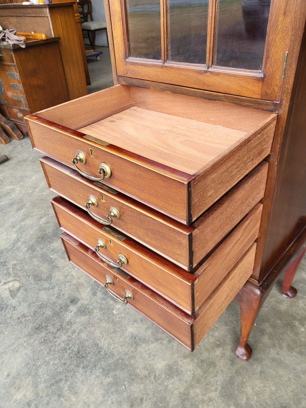 Antique Victorian tall glazed side end cabinet drawers cabriole legs