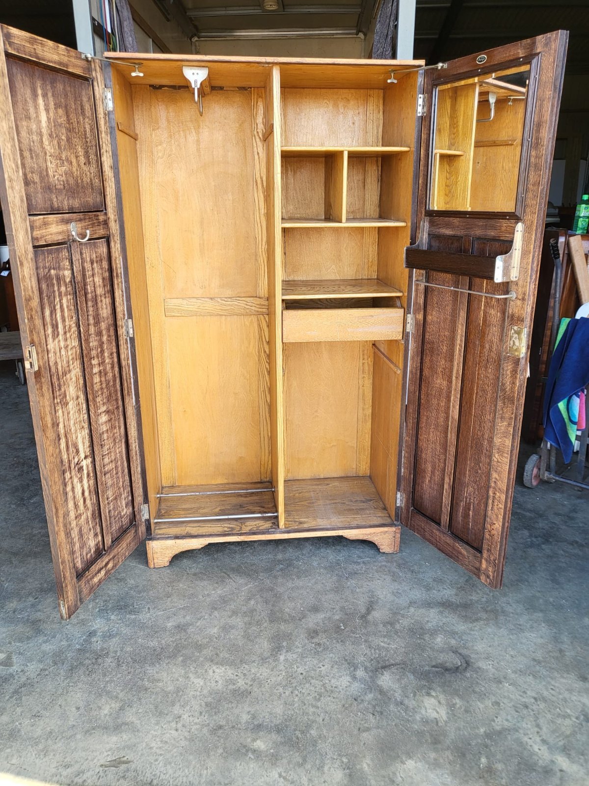 Vintage small oak panelled gentleman's wardrobe shelves drawer