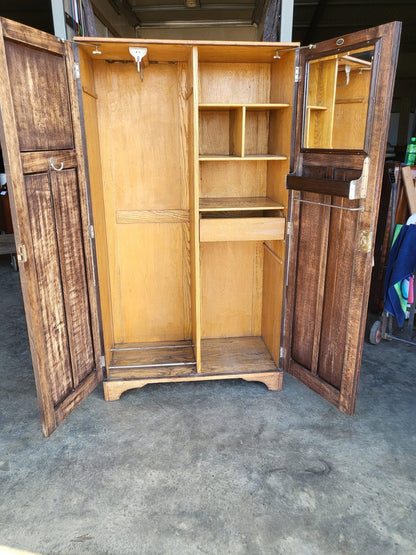 Vintage small oak panelled gentleman's wardrobe shelves drawer