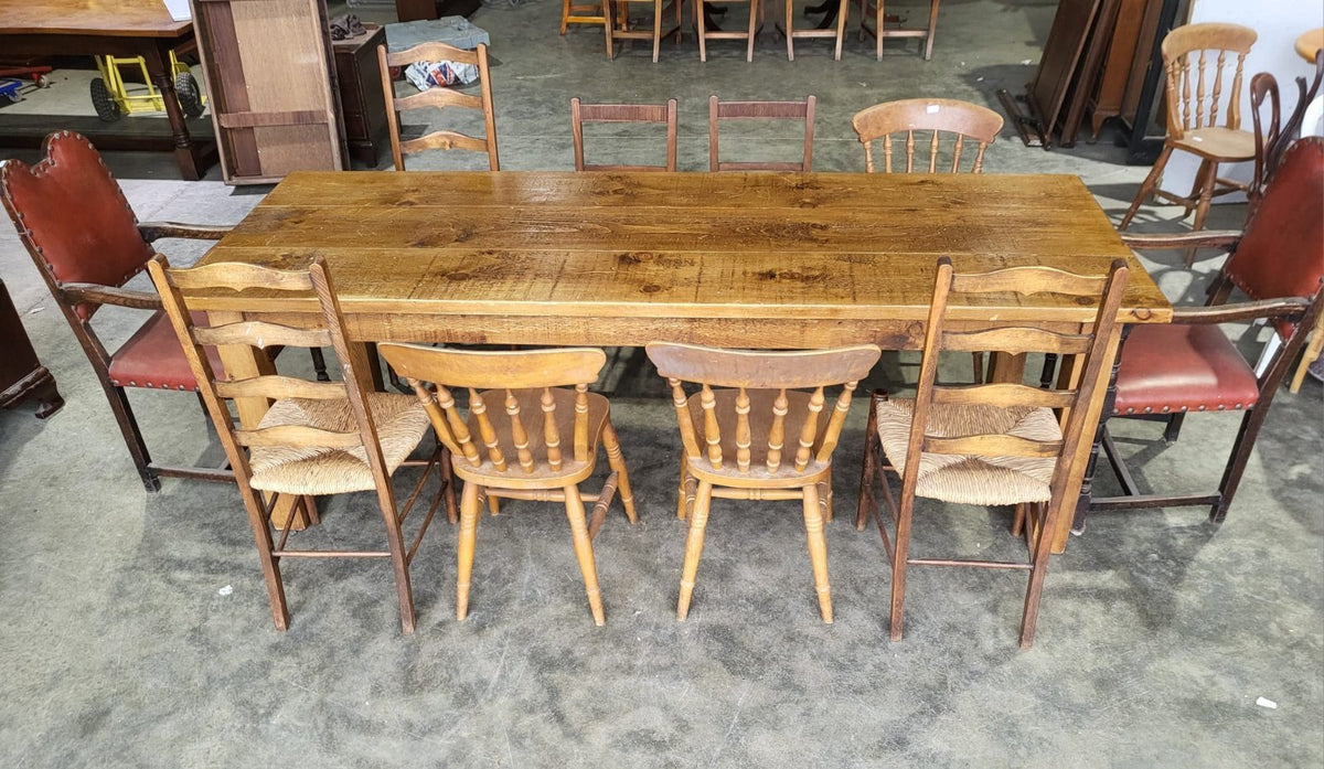 Large rustic pine dining table seat 10 two drawers square legs