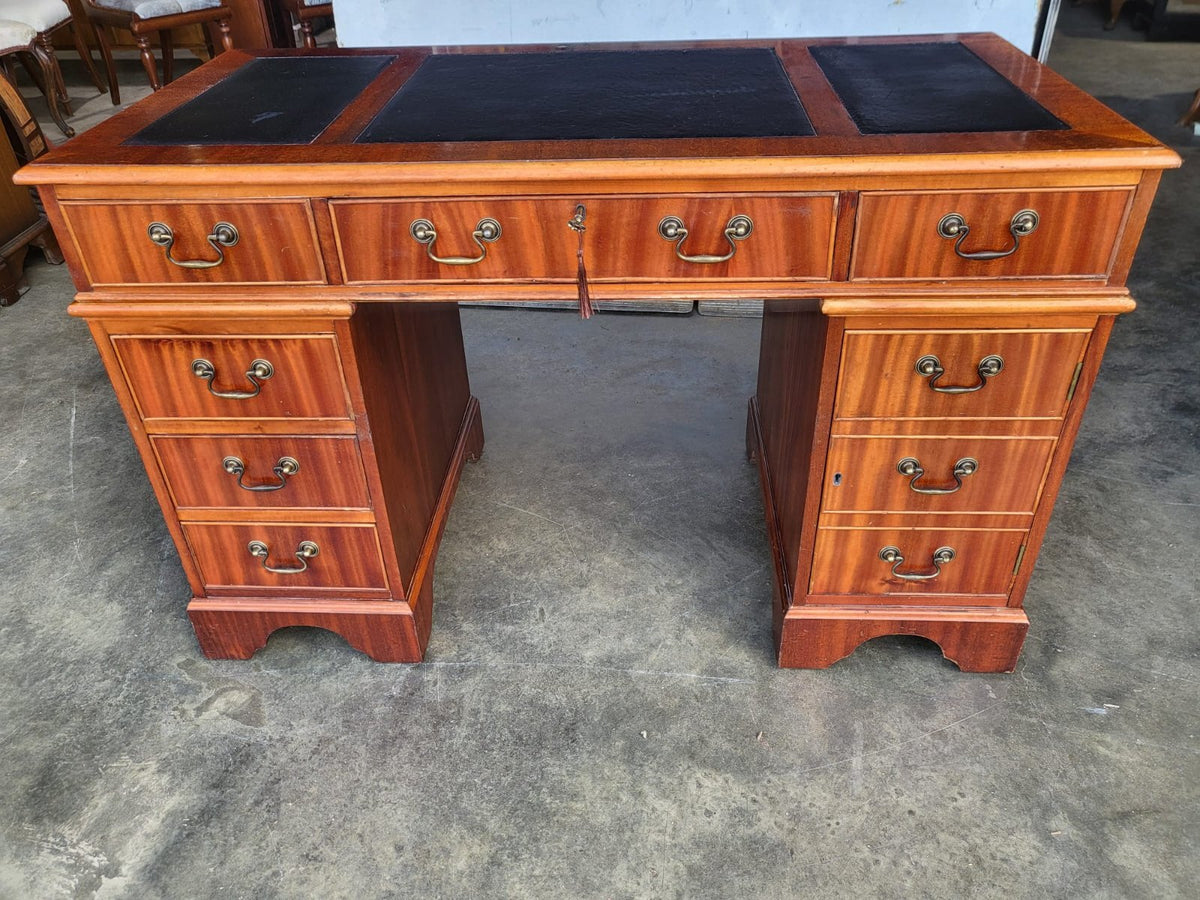 Antique repro small twin pedestal desk drawers cupboard leather top