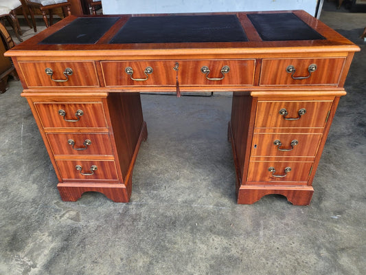 Antique repro small twin pedestal desk drawers cupboard leather top