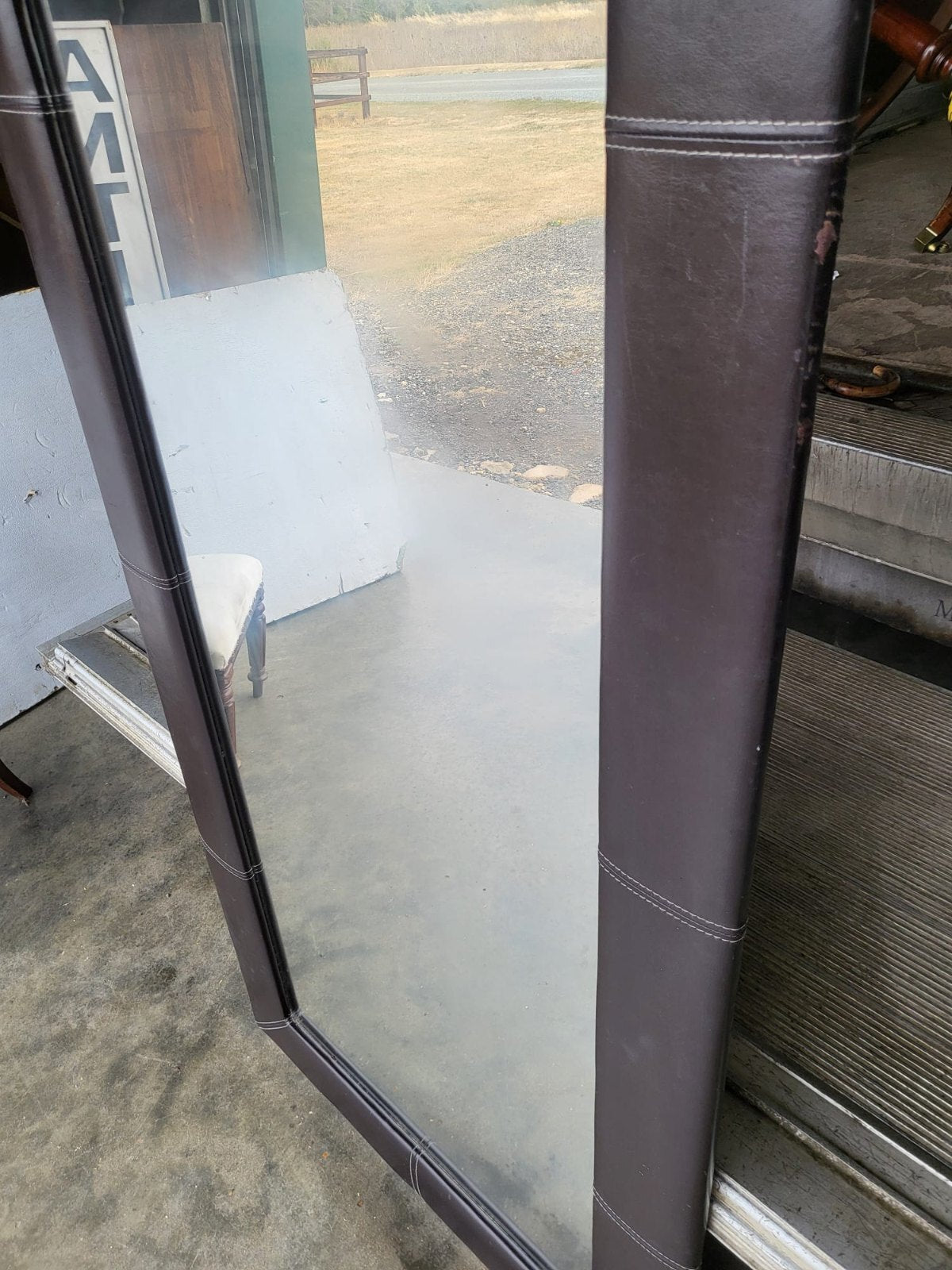 Large tall freestanding mirror leather faux ?  frame 6'x7"x3'