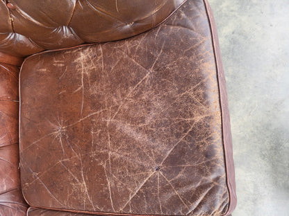 Vintage shabby large 3 seat brown leather Chesterfield sofa