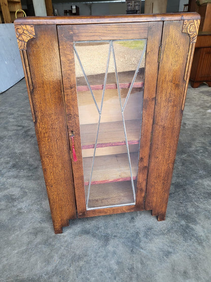 Antique oak Deco small 1x door glazed bookcase cabinet shelves