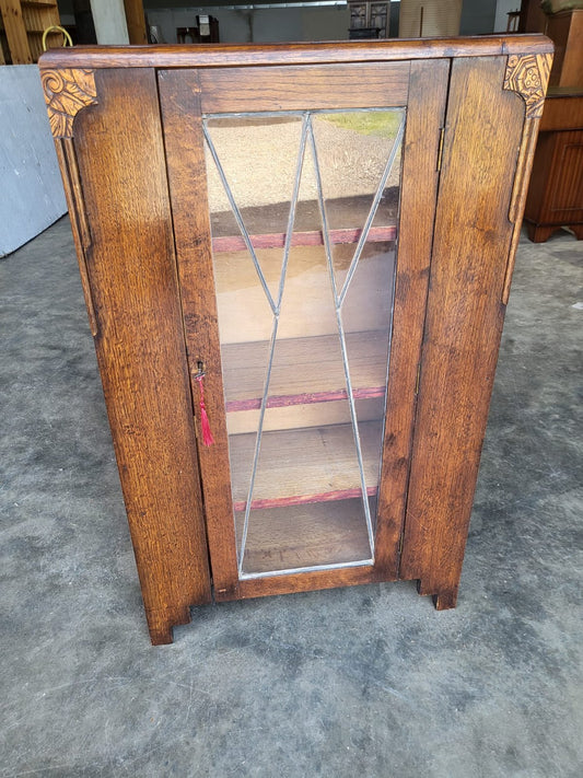 Antique oak Deco small 1x door glazed bookcase cabinet shelves