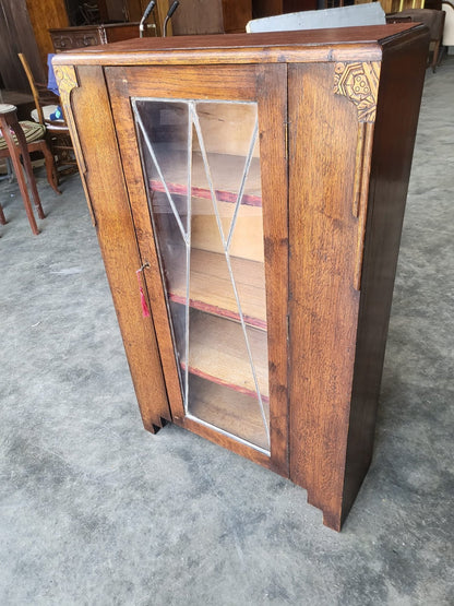 Antique oak Deco small 1x door glazed bookcase cabinet shelves