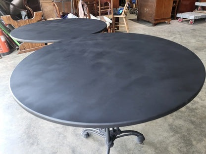 Two black round cast iron bistro dining occasional tables PRICE X 1
