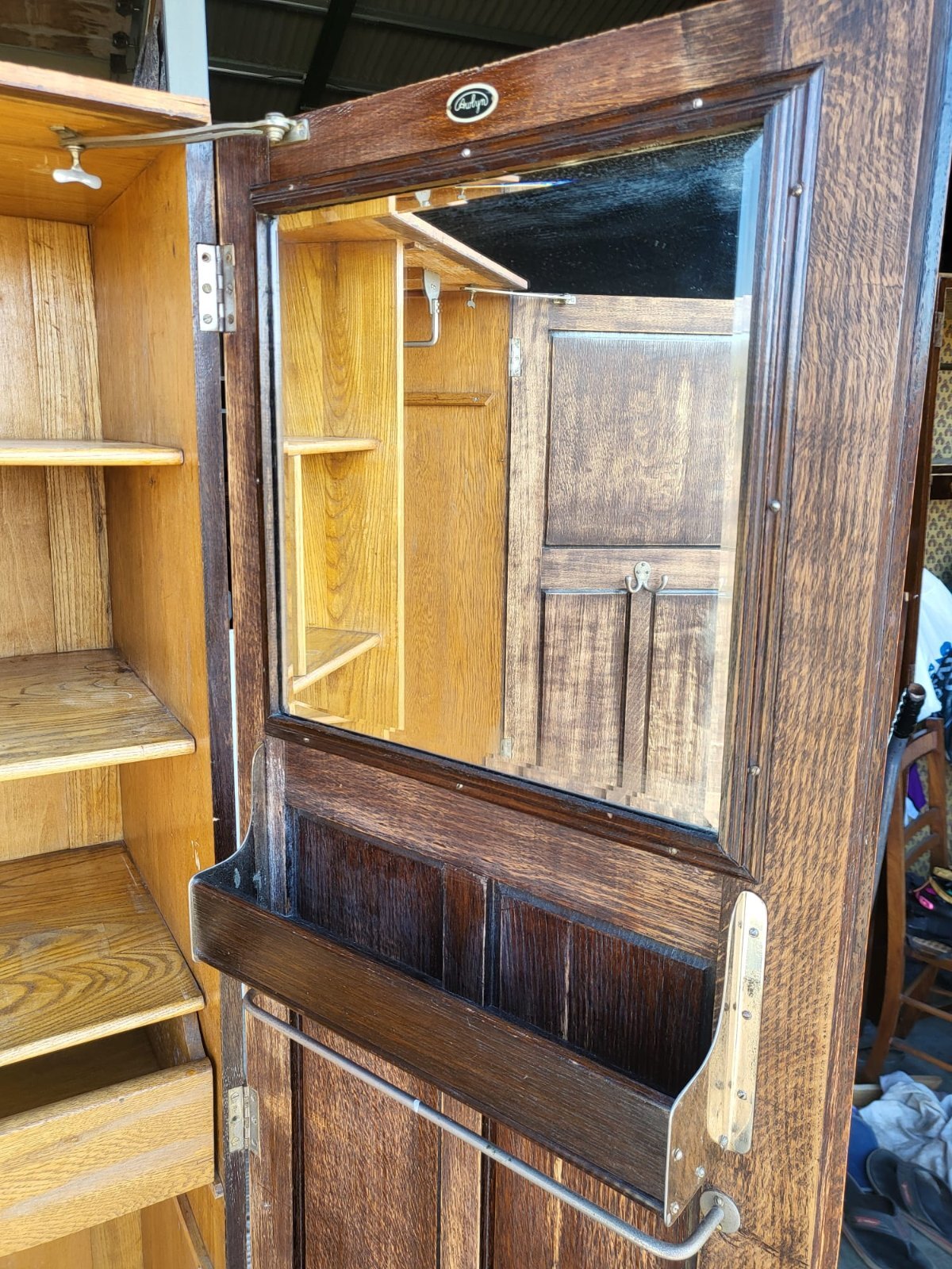 Vintage small oak panelled gentleman's wardrobe shelves drawer
