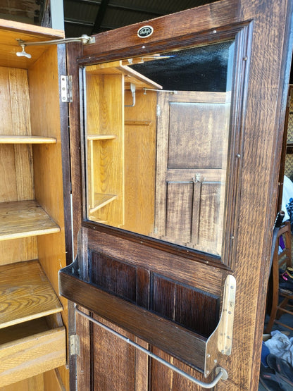 Vintage small oak panelled gentleman's wardrobe shelves drawer