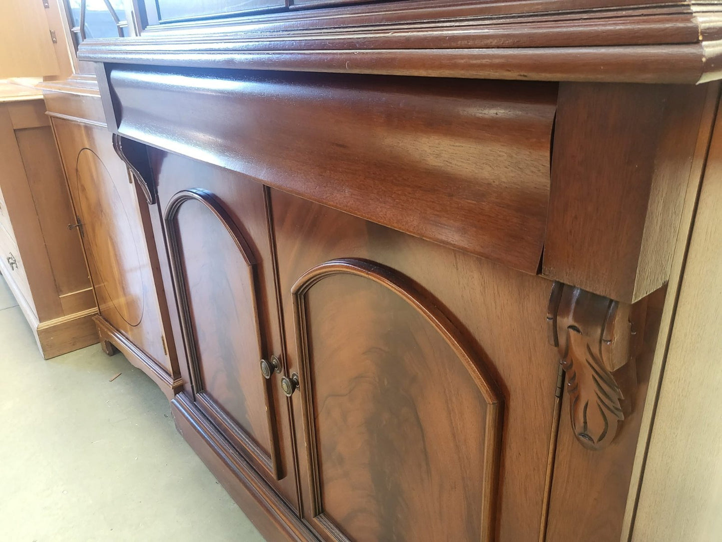 Antique repro mahogany glazed bookcase cabinet drawer shelves