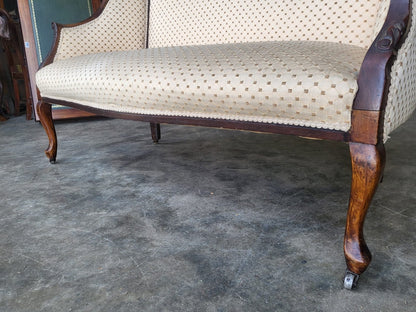 Antique Edwardian small 2 seat parlour sofa cabriole legs castors