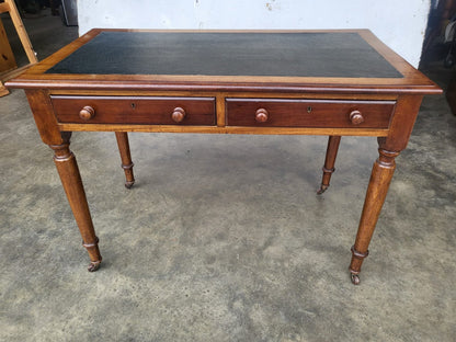 Antique Victorian 2 drawer writing desk table turned legs castors
