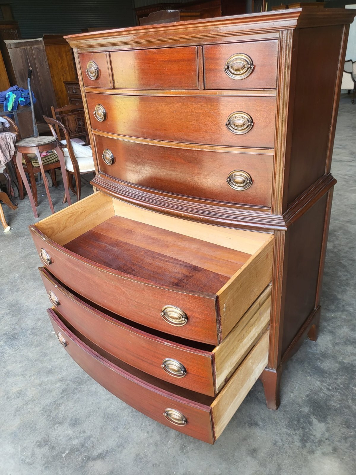 Antique repro bow front chest on chest chest of drawers splayed legs