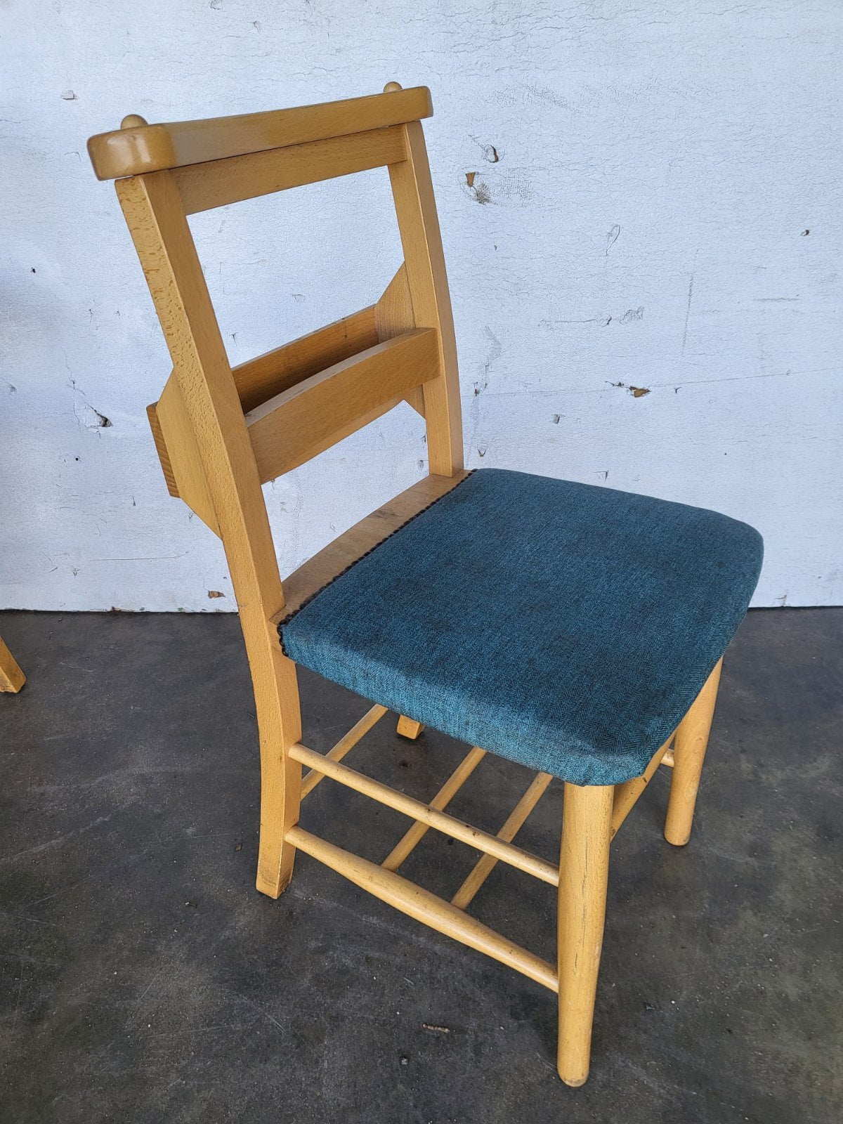 Four small beech church chapel dining chairs upholstered