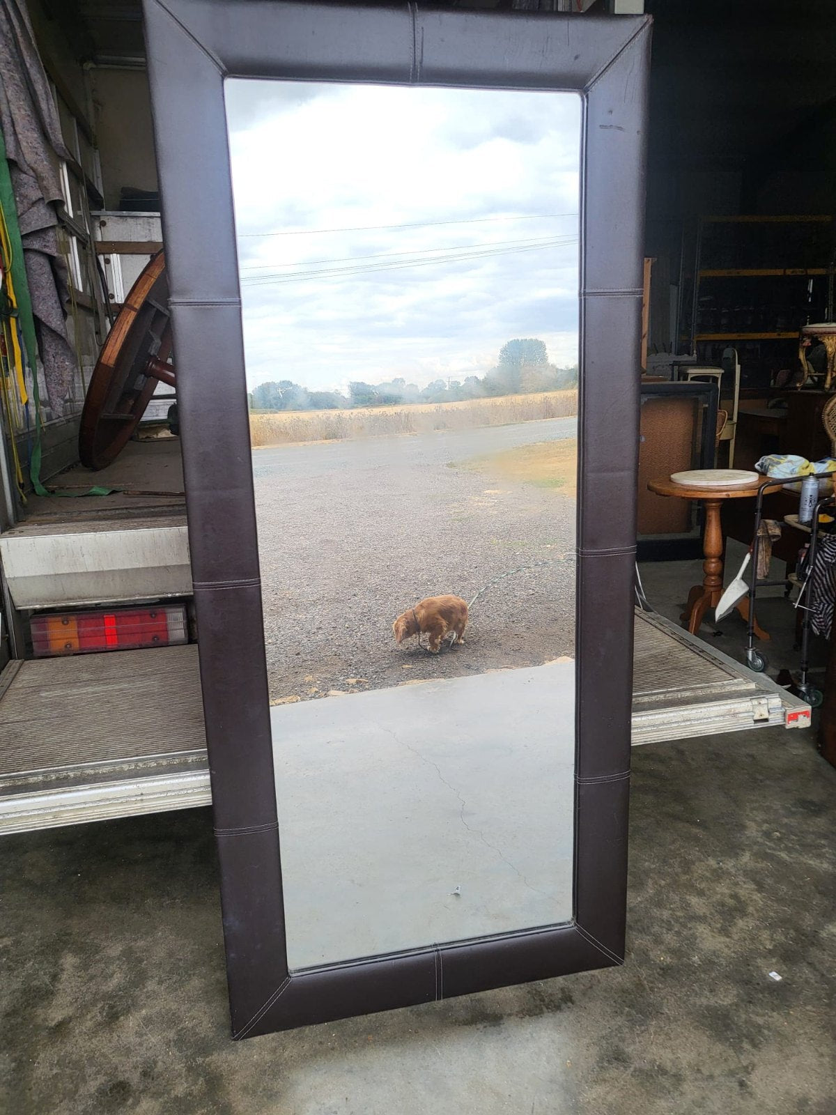 Large tall freestanding mirror leather faux ?  frame 6'x7"x3'