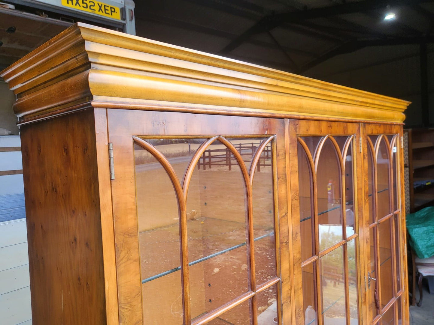 Antique repro large Yew 3 door glazed bookcase display cabinet cupboard shelves