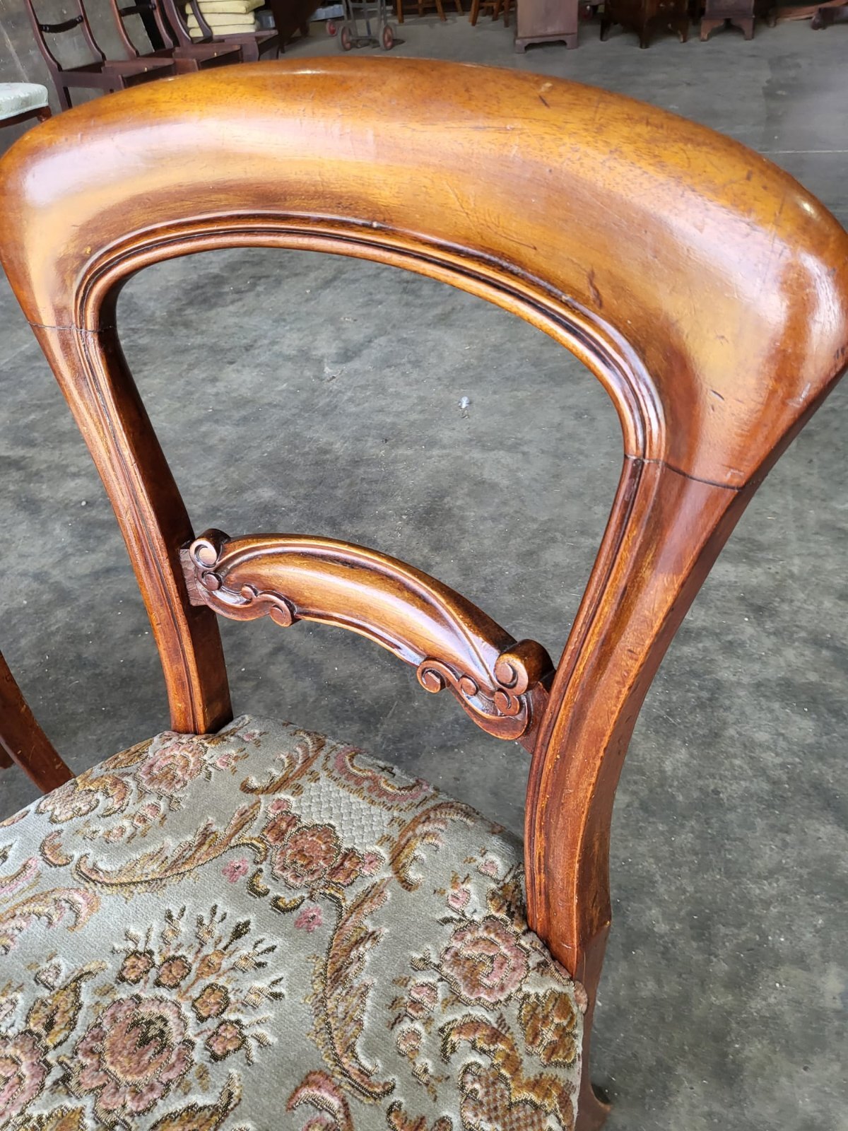 Four antique Victorian balloon back dining chairs floral seats