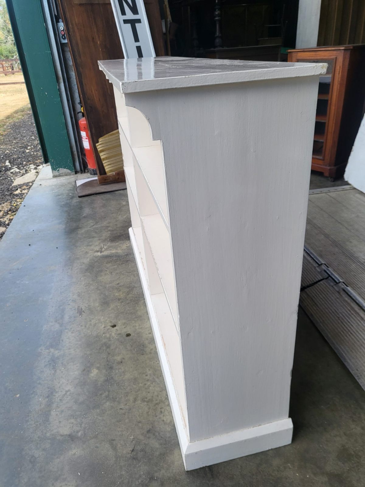 Vintage large low painted white open bookcase six shelves