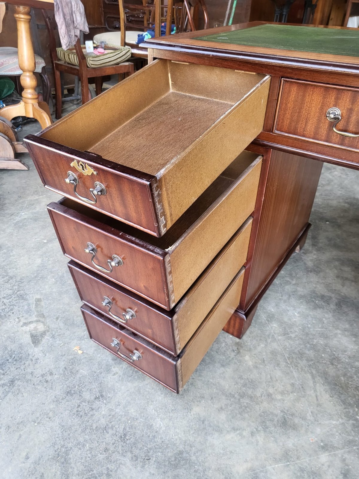 Antique repro small twin pedestal writing desk leather top drawers