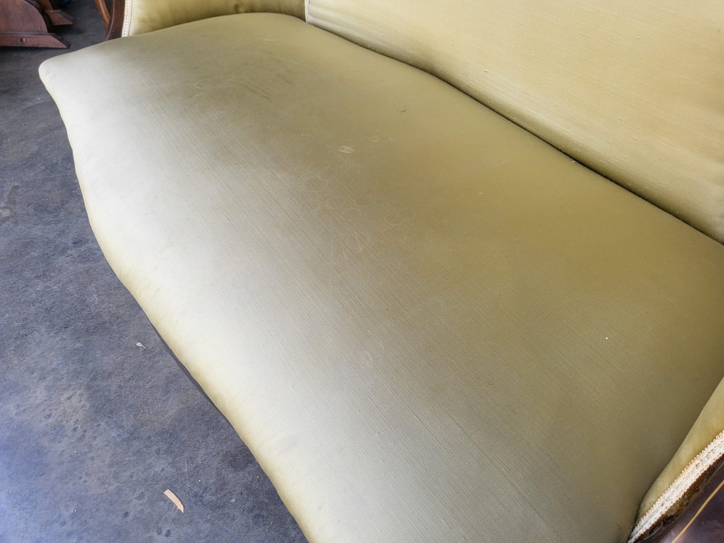 Antique Edwardian small silk parlour sofa cabriole legs castors