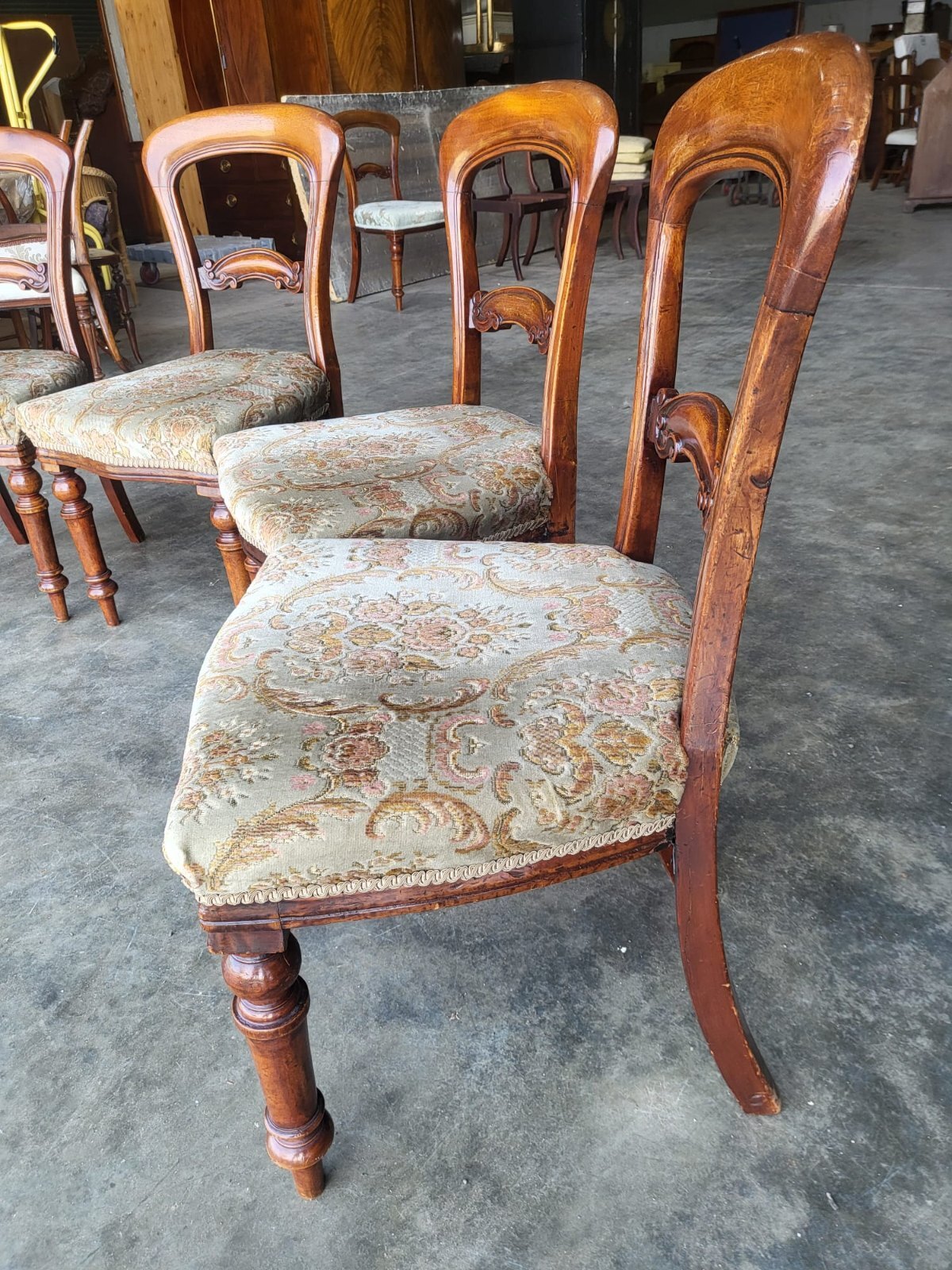 Four antique Victorian balloon back dining chairs floral seats