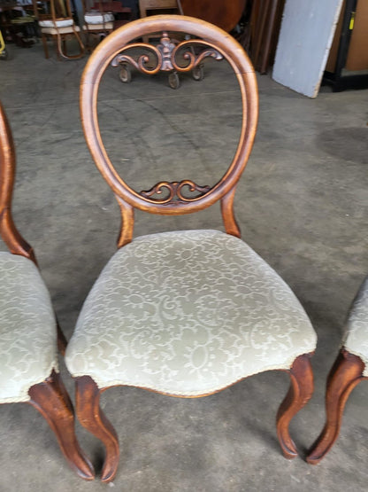 Four green antique Victorian balloon back dining chairs cabriole legs