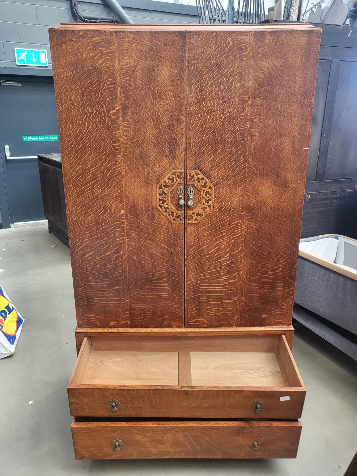 Vintage 1930's oak small wardrobe two drawers bun feet mirror