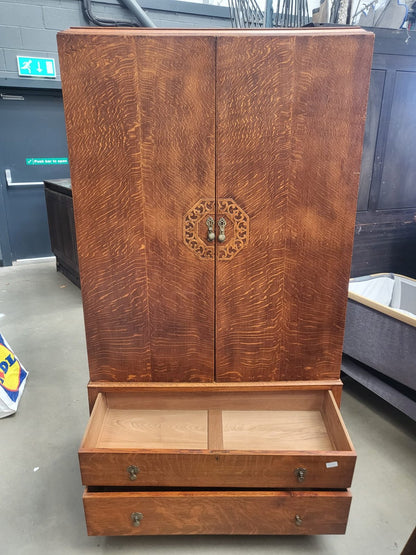Vintage 1930's oak small wardrobe two drawers bun feet mirror