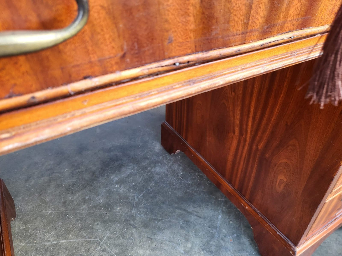 Antique repro small twin pedestal desk drawers cupboard leather top