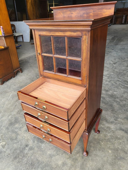 Antique Victorian tall glazed side end cabinet drawers cabriole legs