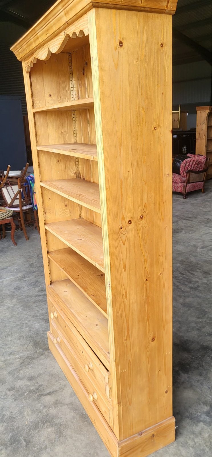 Large pine open bookcase adjustable shelves 2 drawers