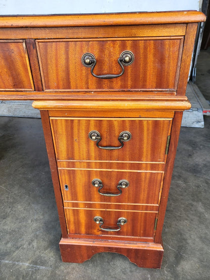 Antique repro small twin pedestal desk drawers cupboard leather top