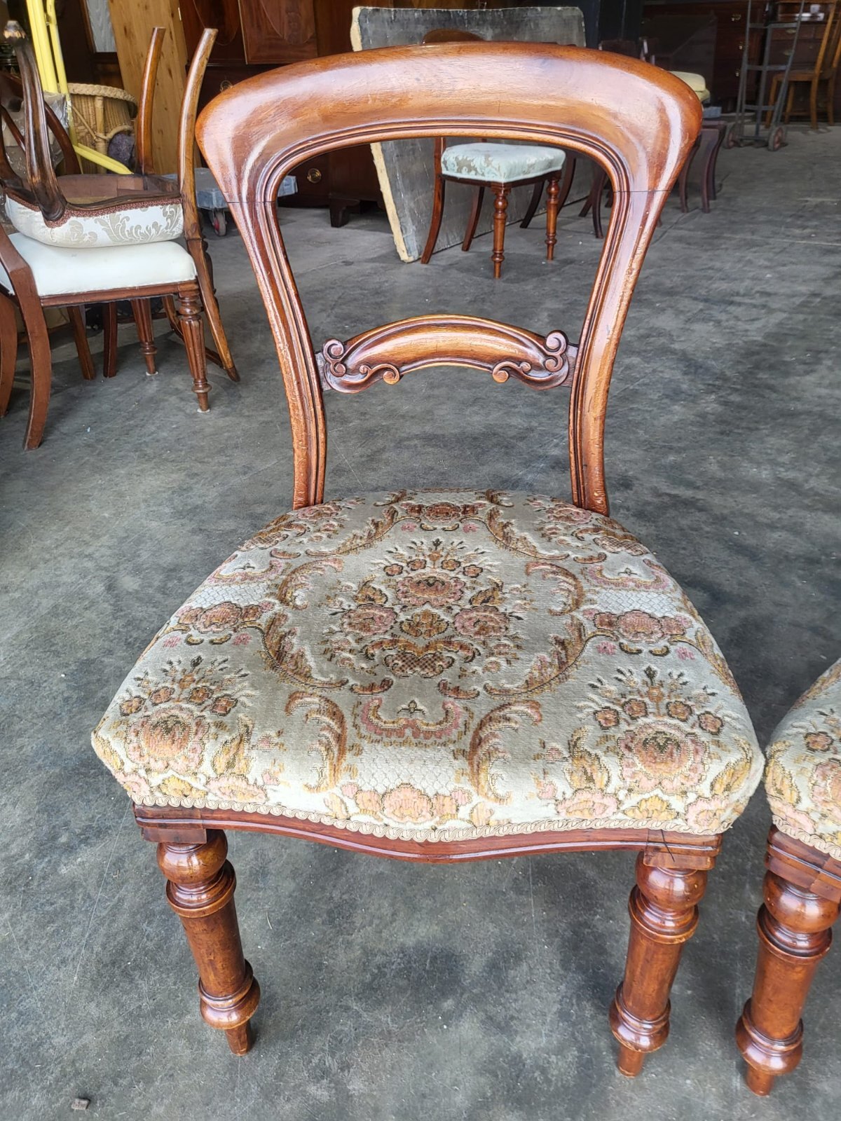 Four antique Victorian balloon back dining chairs floral seats