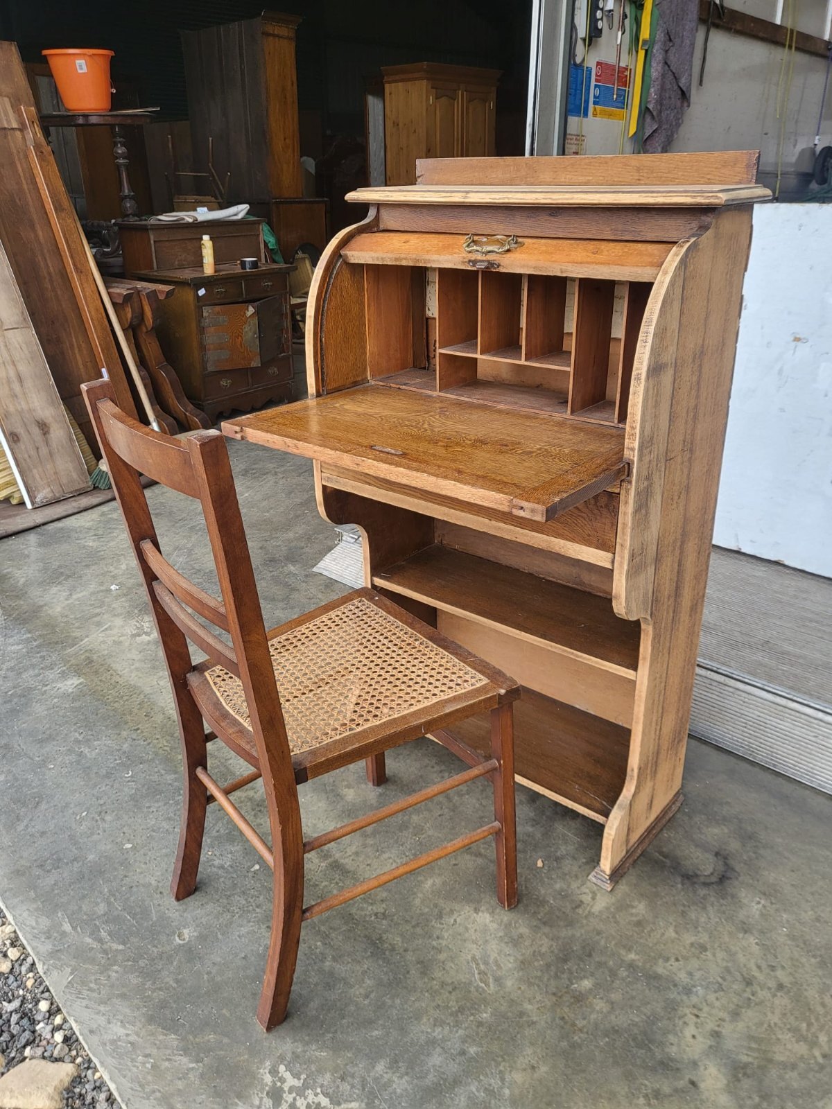 Antique Edwardian small oak roll top students bureau desk