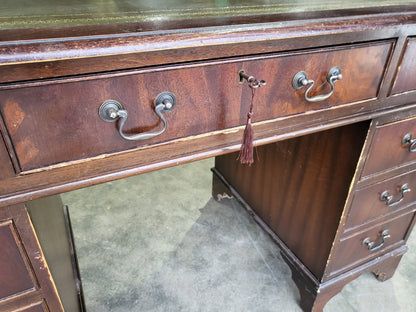 Antique repro small twin pedestal writing desk leather top