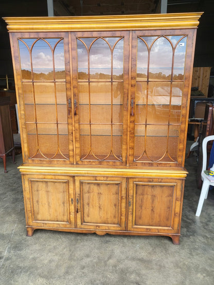 Antique repro large Yew 3 door glazed bookcase display cabinet cupboard shelves
