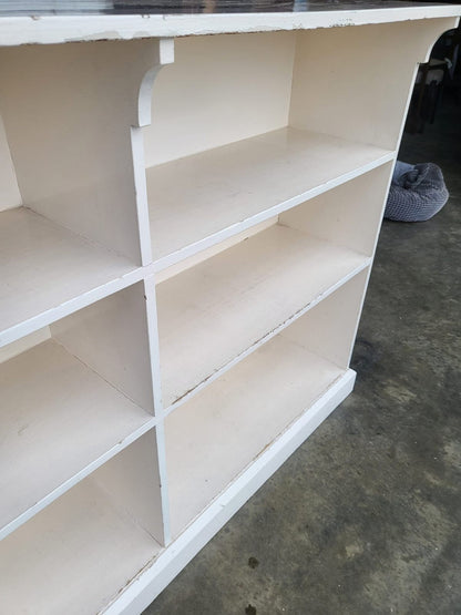 Vintage large low painted white open bookcase six shelves