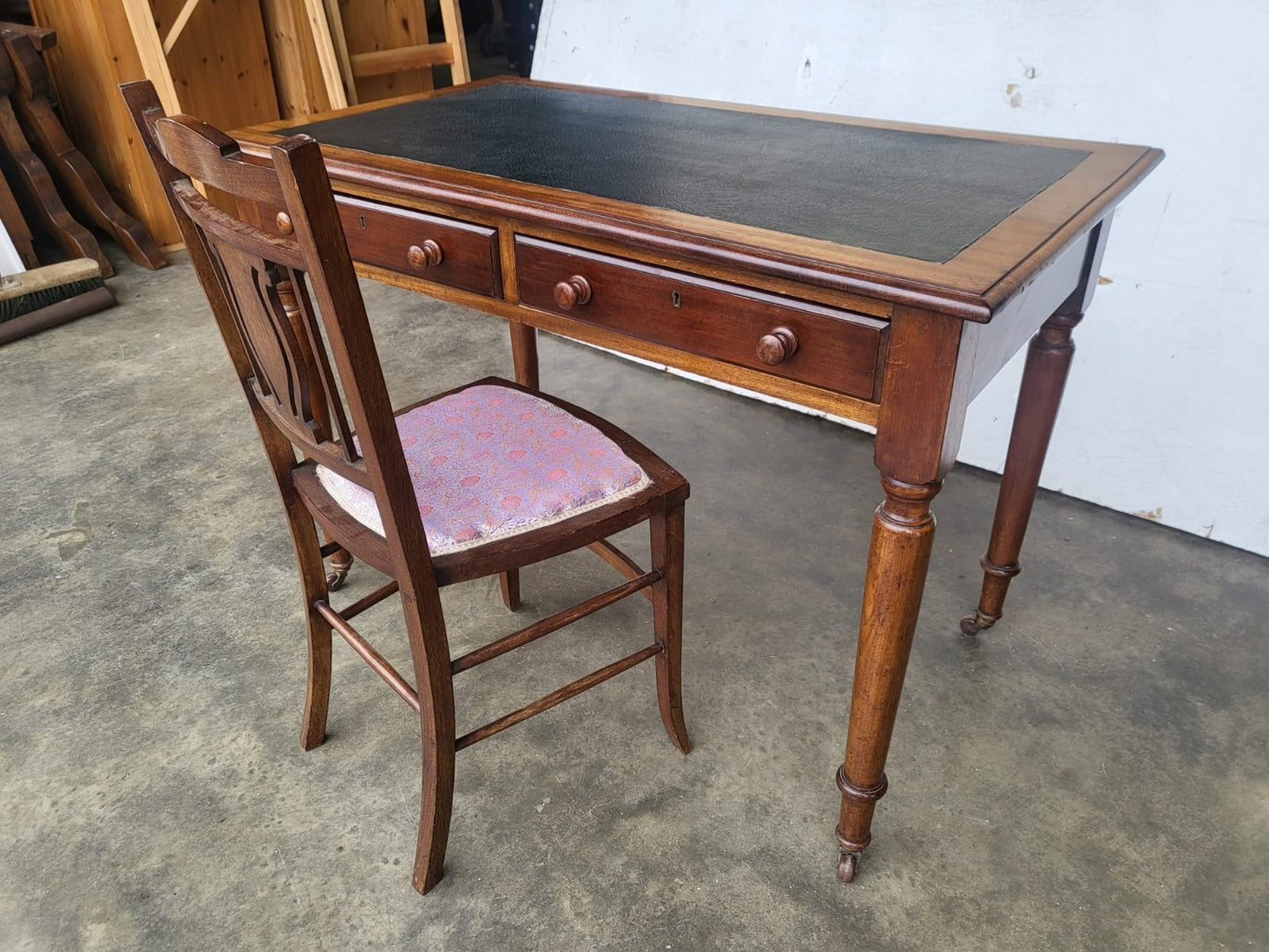 Antique Victorian 2 drawer writing desk table turned legs castors