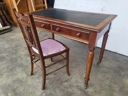 Antique Victorian 2 drawer writing desk table turned legs castors