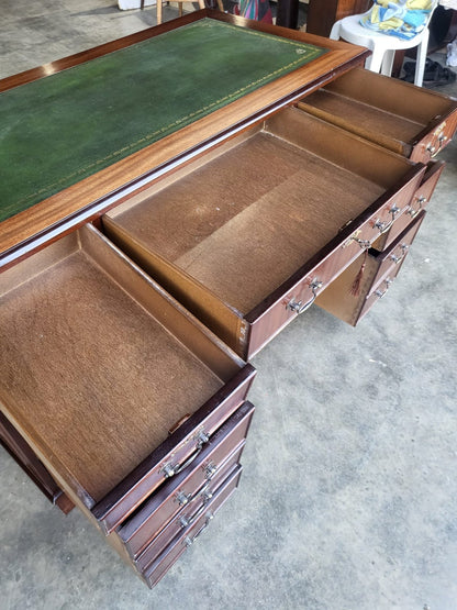 Antique repro small twin pedestal writing desk leather top drawers