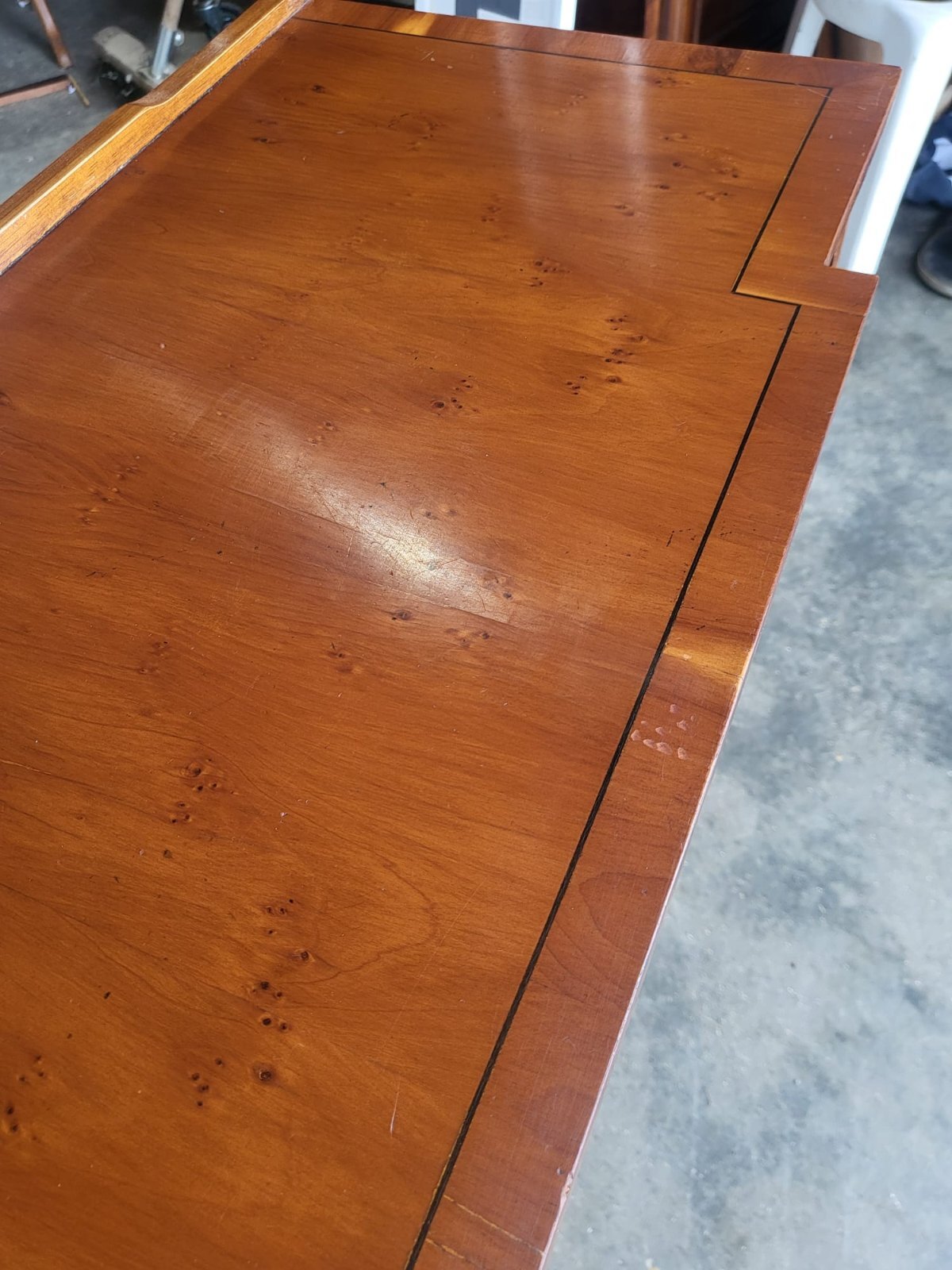 Antique repro Yew small breakfront table desk drawer