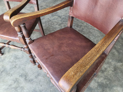 Pair vintage two oak carver open dining armchairs pu leather