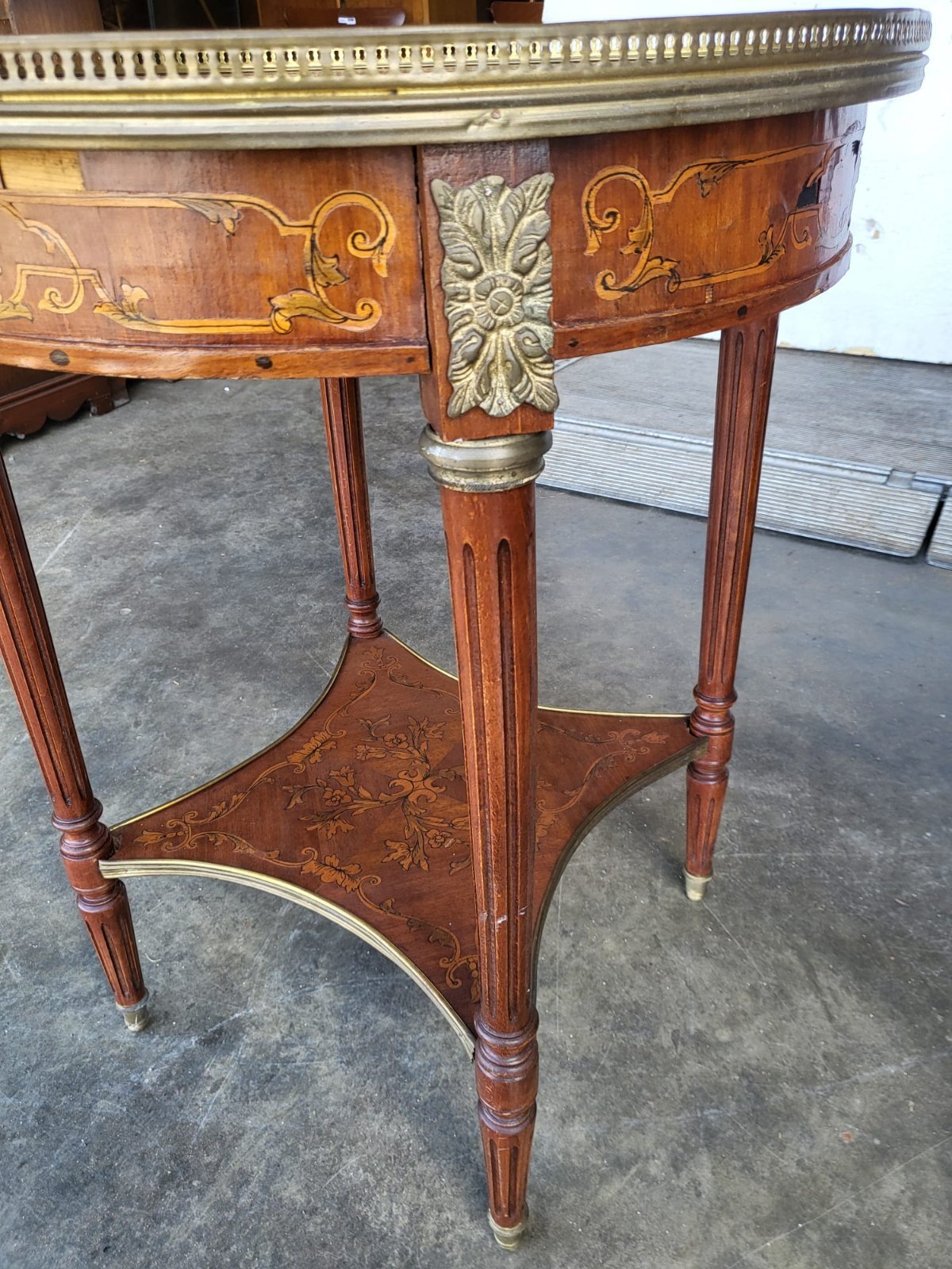 Antique Louis marquetry round 2 tier side end table brass Ormolu