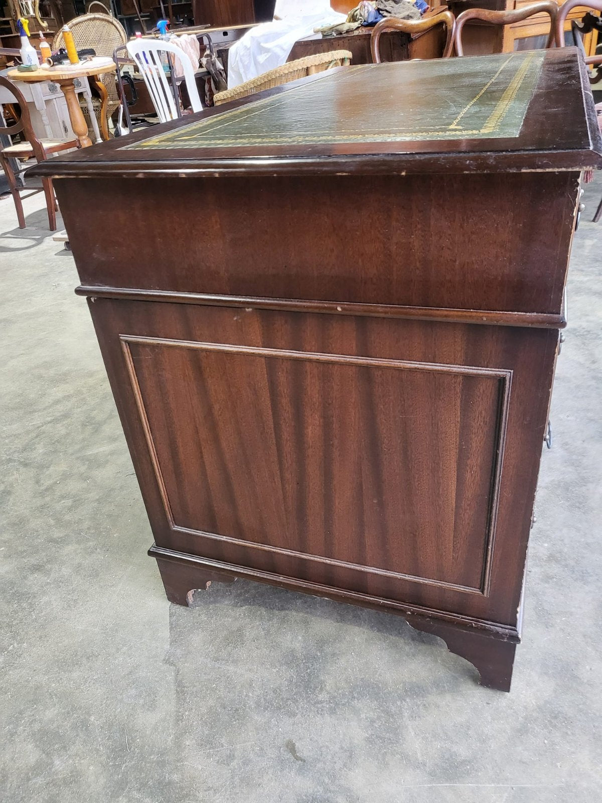 Antique repro small twin pedestal writing desk leather top
