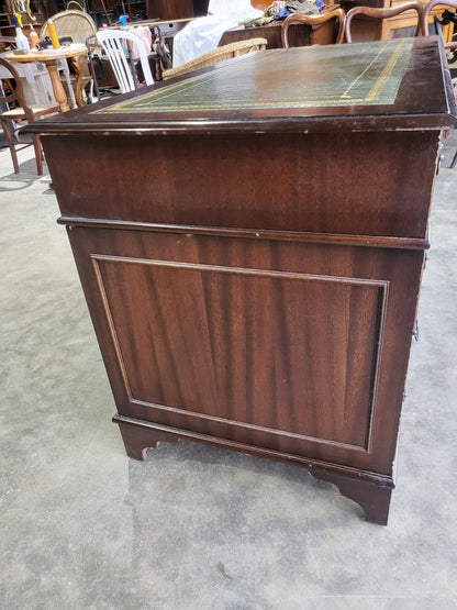 Antique repro small twin pedestal writing desk leather top