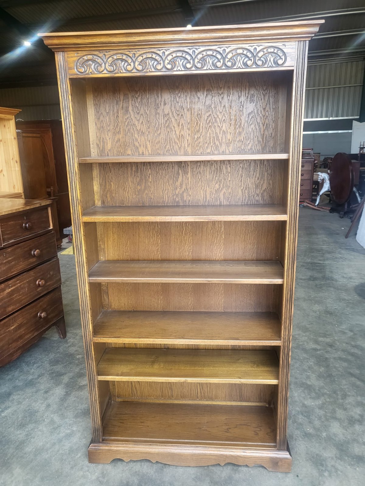 Antique dark oak tall open bookcase adjustable shelves old charm