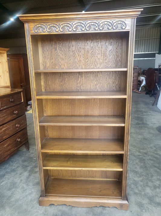 Antique dark oak tall open bookcase adjustable shelves old charm